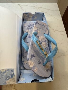 Havaianas by LOVE SHACK FANCY Light Blue Floral Flip Flops with Gold Accents